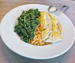 Bulgur met spinazie en kabeljauw